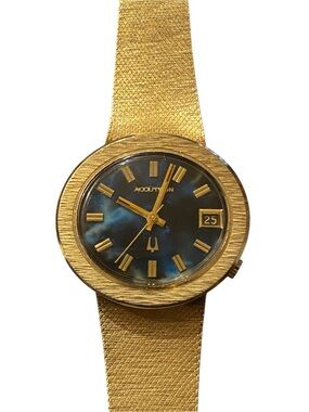 Estate Bulova Accutron 14k Gold Watch with Blue Lapis Dial and gold numeral mark